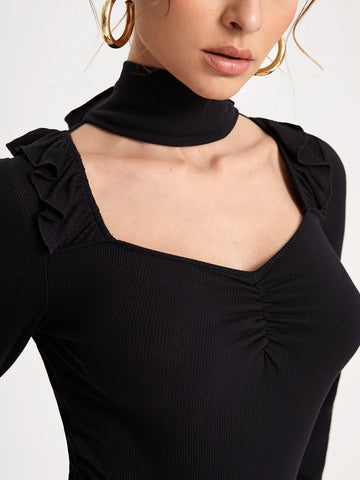 Choker Neck Ruffle Trim Lantern Sleeve Bodysuit