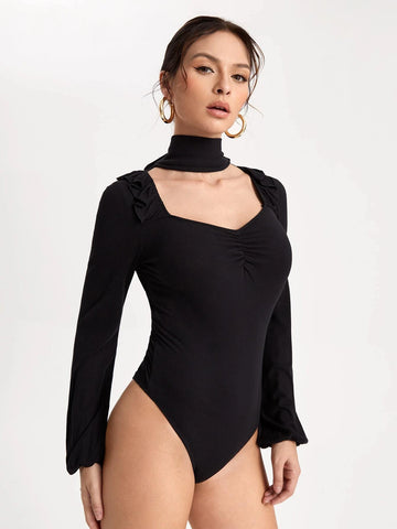 Choker Neck Ruffle Trim Lantern Sleeve Bodysuit