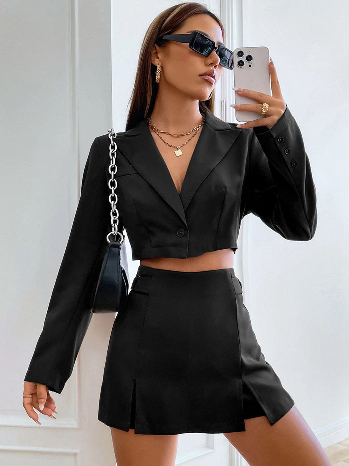 EZwear Single Button Crop Blazer & Split Hem Skort