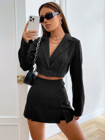 EZwear Single Button Crop Blazer & Split Hem Skort