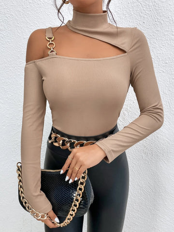 Chain Detail Asymmetrical Neck Bodysuit
