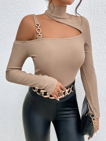 Chain Detail Asymmetrical Neck Bodysuit