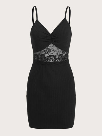 Contrast Lace Ruched Cami Bodycon Dress