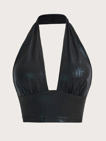 Crocodile Embossed Backless PU Halter Top