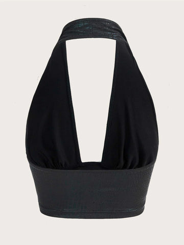 Crocodile Embossed Backless PU Halter Top