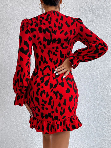 Allover Print Mock Neck Ruched Ruffle Hem Dress