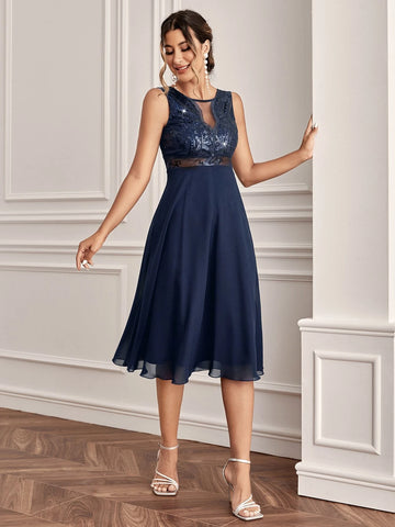 Contrast Sequin Mesh Insert Chiffon Bridesmaid Dress