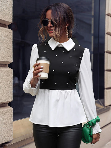 Pearls Beaded Ruffle Hem 2 In 1 Blouse