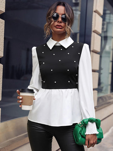 Pearls Beaded Ruffle Hem 2 In 1 Blouse