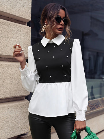 Pearls Beaded Ruffle Hem 2 In 1 Blouse