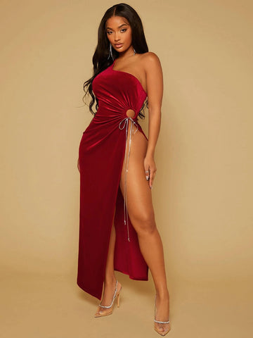 SXY One Shoulder Cut Out Drawstring Split Thigh Velvet Dress