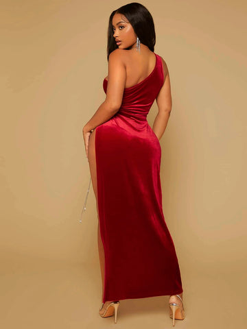 SXY One Shoulder Cut Out Drawstring Split Thigh Velvet Dress