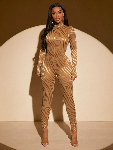 SXY Zebra Striped Plunging Neck Unitard Jumpsuit