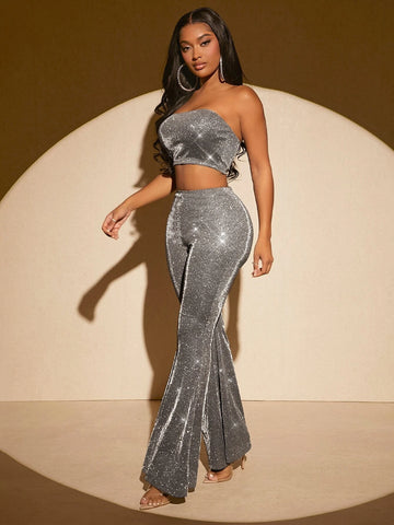 SXY Glitter Crop Tube Top & Flare Leg Pants