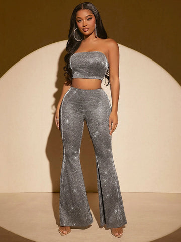 SXY Glitter Crop Tube Top & Flare Leg Pants