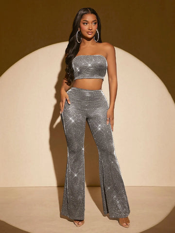 SXY Glitter Crop Tube Top & Flare Leg Pants