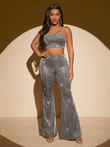 SXY Glitter Crop Tube Top & Flare Leg Pants