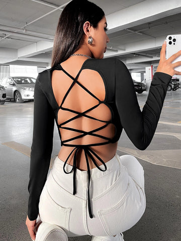 Lace Up Backless Crop Tee