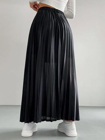 Solid Elastic Waist Pleated Skirt