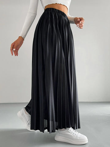 Solid Elastic Waist Pleated Skirt