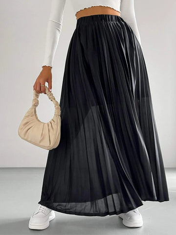 Solid Elastic Waist Pleated Skirt