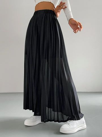 Solid Elastic Waist Pleated Skirt