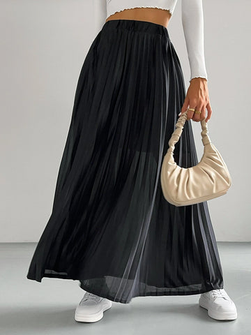Solid Elastic Waist Pleated Skirt