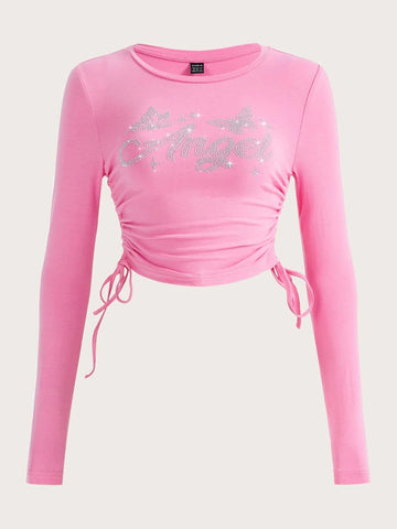 Rhinestone Letter Graphic Drawstring Side Crop Tee