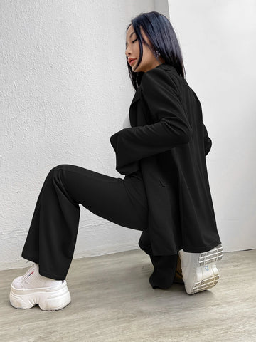 EZwear Solid Single Button Blazer & Flare Leg Pants