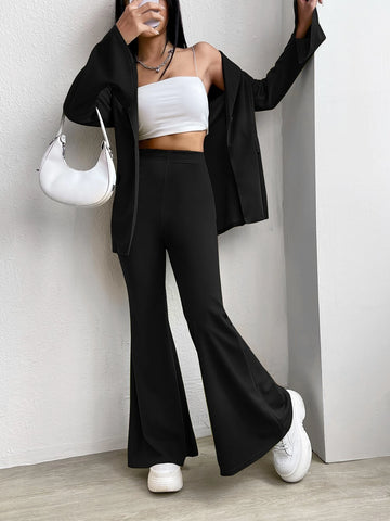 EZwear Solid Single Button Blazer & Flare Leg Pants