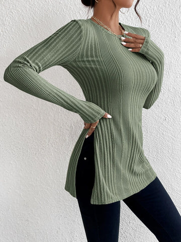 Split Hem Ribbed Knit Tee