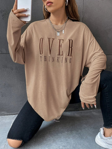 Letter Embroidery Drop Shoulder Tee