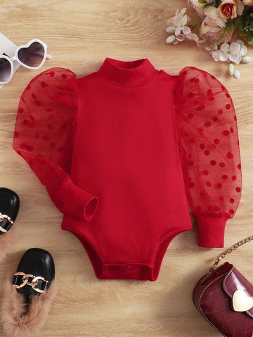 Baby Contrast Dobby Mesh Mock Neck Puff Sleeve Bodysuit