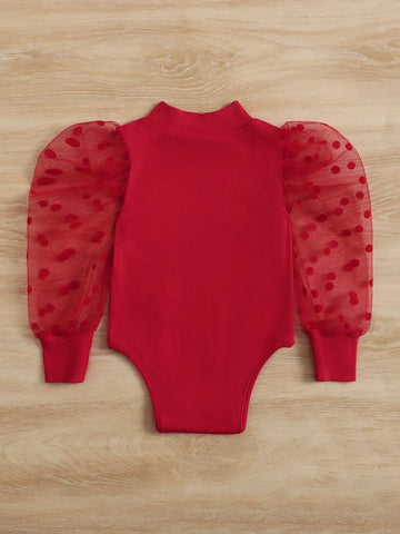 Baby Contrast Dobby Mesh Mock Neck Puff Sleeve Bodysuit