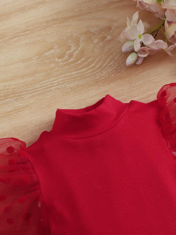Baby Contrast Dobby Mesh Mock Neck Puff Sleeve Bodysuit