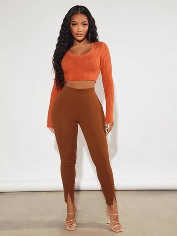 SXY Solid Split Hem Leggings