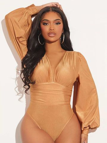 Plunging Neck Lantern Sleeve Ruched Bodysuit