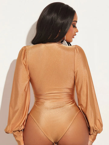 Plunging Neck Lantern Sleeve Ruched Bodysuit