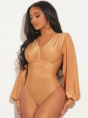 Plunging Neck Lantern Sleeve Ruched Bodysuit