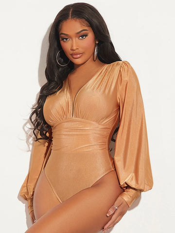 Plunging Neck Lantern Sleeve Ruched Bodysuit