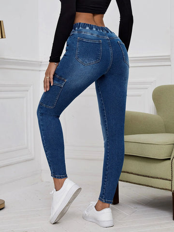 Drawstring Waist Flap Pocket Cargo Jeans