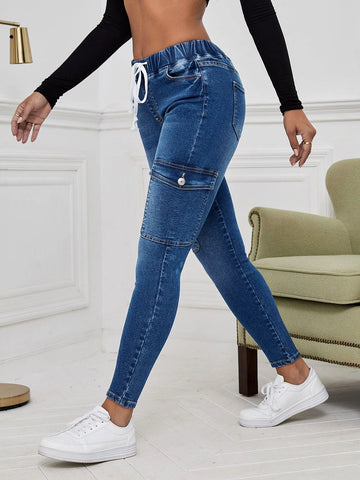 Drawstring Waist Flap Pocket Cargo Jeans