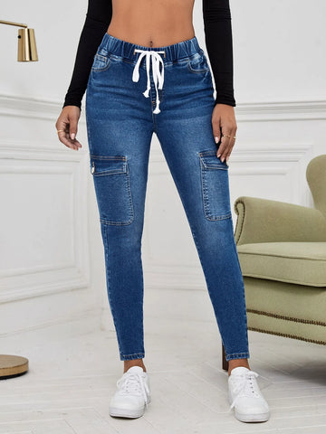 Drawstring Waist Flap Pocket Cargo Jeans