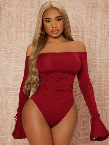 Off Shoulder Flounce Sleeve Ruched Bodysuit