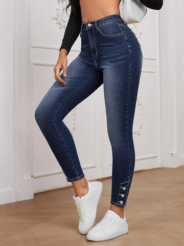 High Waist Button Hem Skinny Jeans