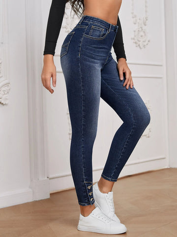 High Waist Button Hem Skinny Jeans