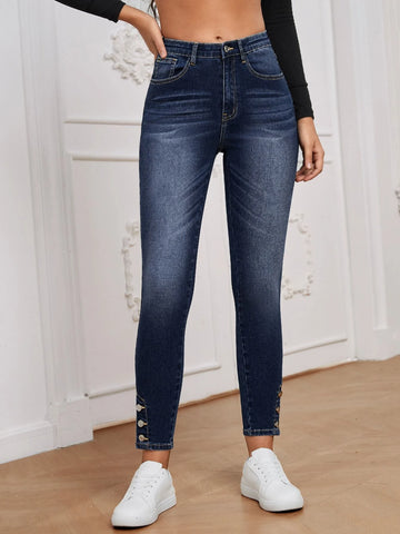 High Waist Button Hem Skinny Jeans