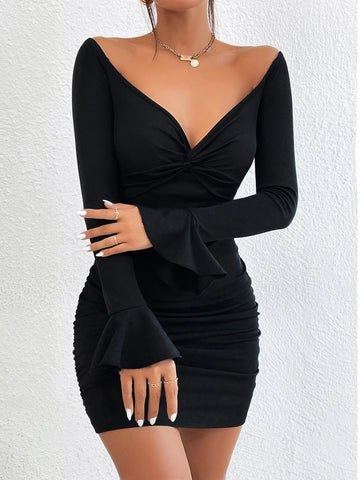 Twist Front Flounce Sleeve Ruched Bodycon Dress