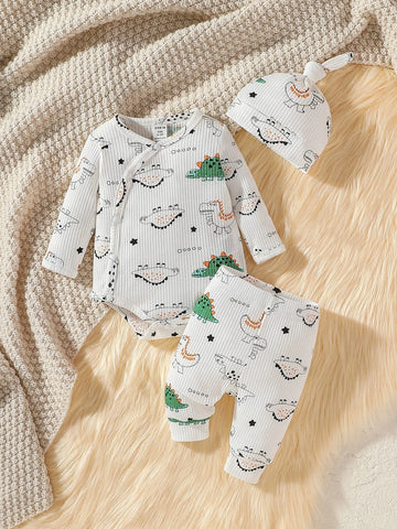 Newborn Baby Croissant Print Bodysuit & Pants & Hat