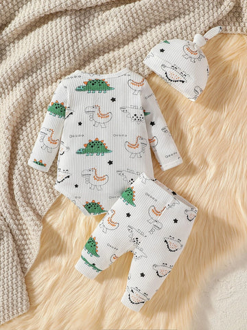 Newborn Baby Croissant Print Bodysuit & Pants & Hat